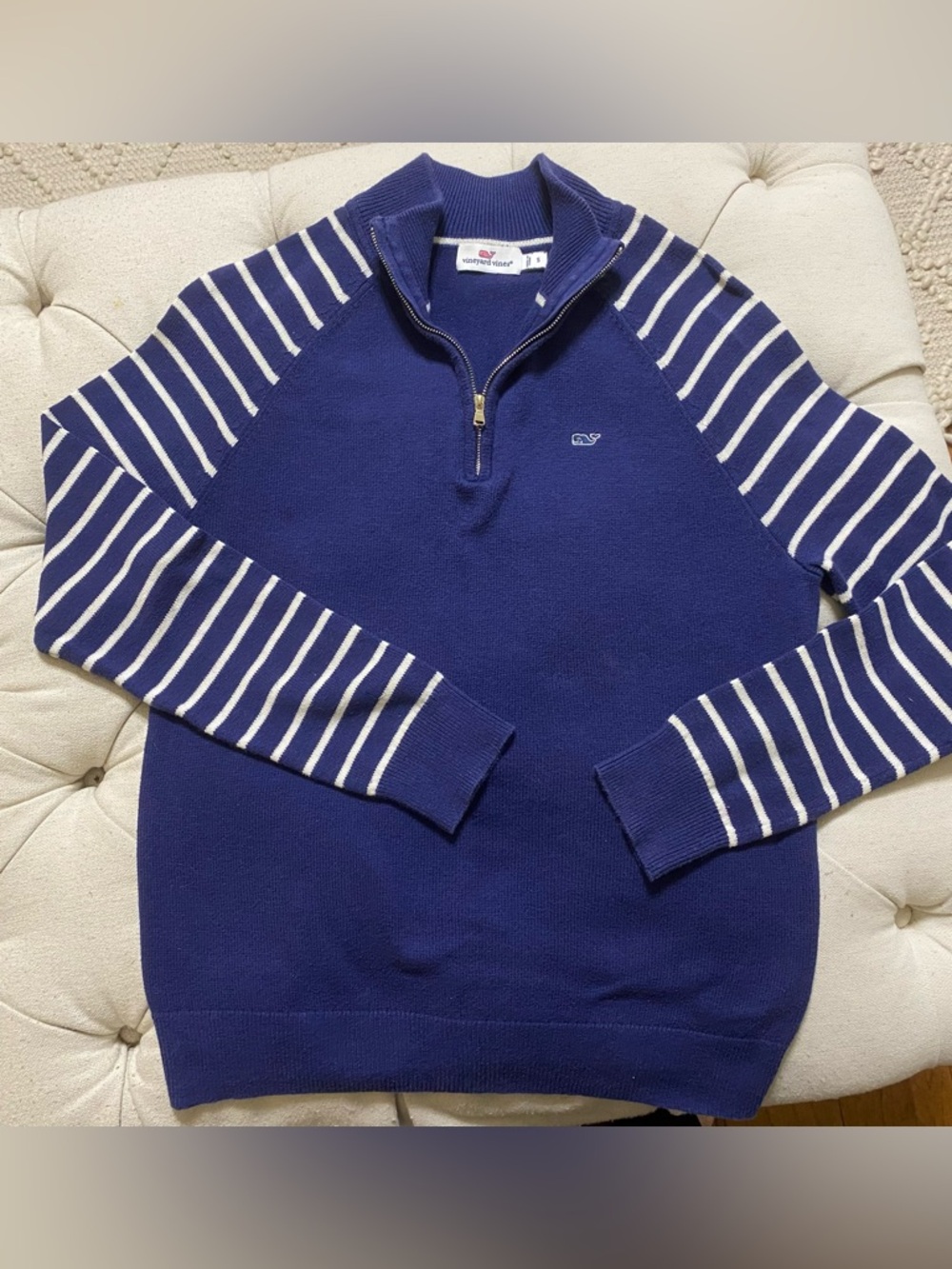 Vineyard Vines Navy Quarter-Zip Sweater with White Striped Sleeves